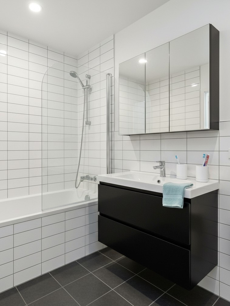 Modern bathroom renovation in a Wellington home with tiled walls and floating vanity.