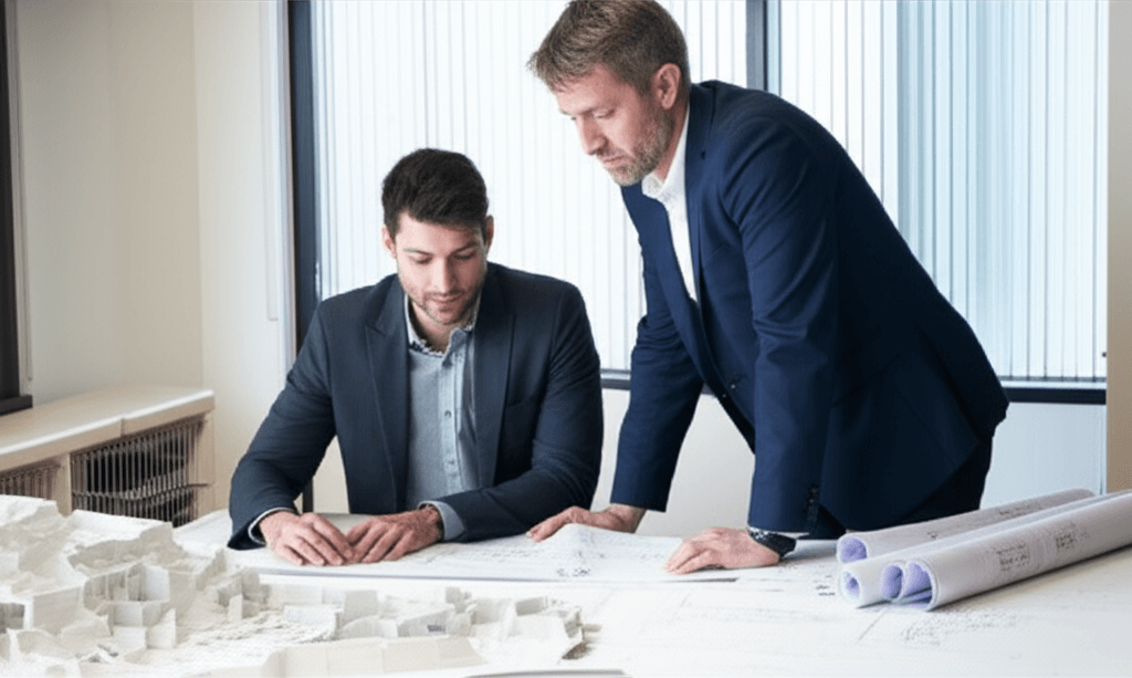 Architect and homeowner reviewing renovation plans together