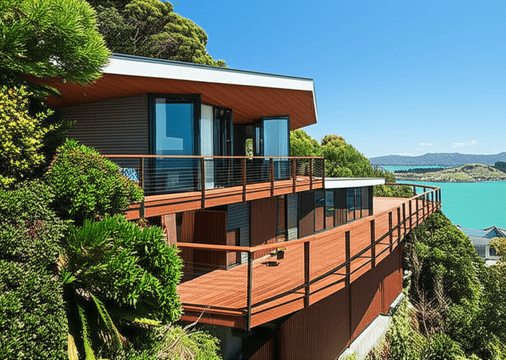 Modern hillside home in Wellington with harbour views and multi-level deck design