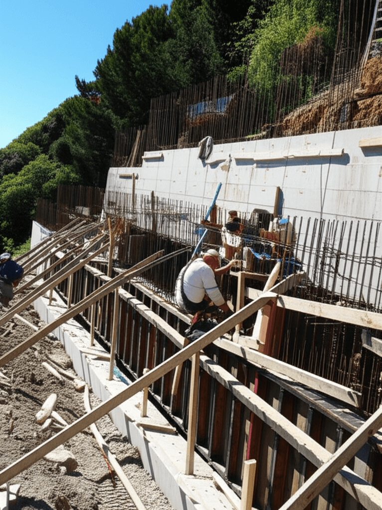 Retaining wall and foundation construction on steep Wellington hillside site