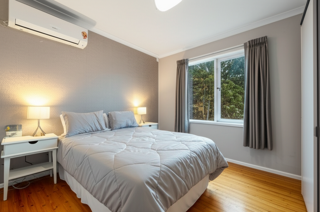 Garage conversion bedroom with insulated walls and heat pump in Wellington home