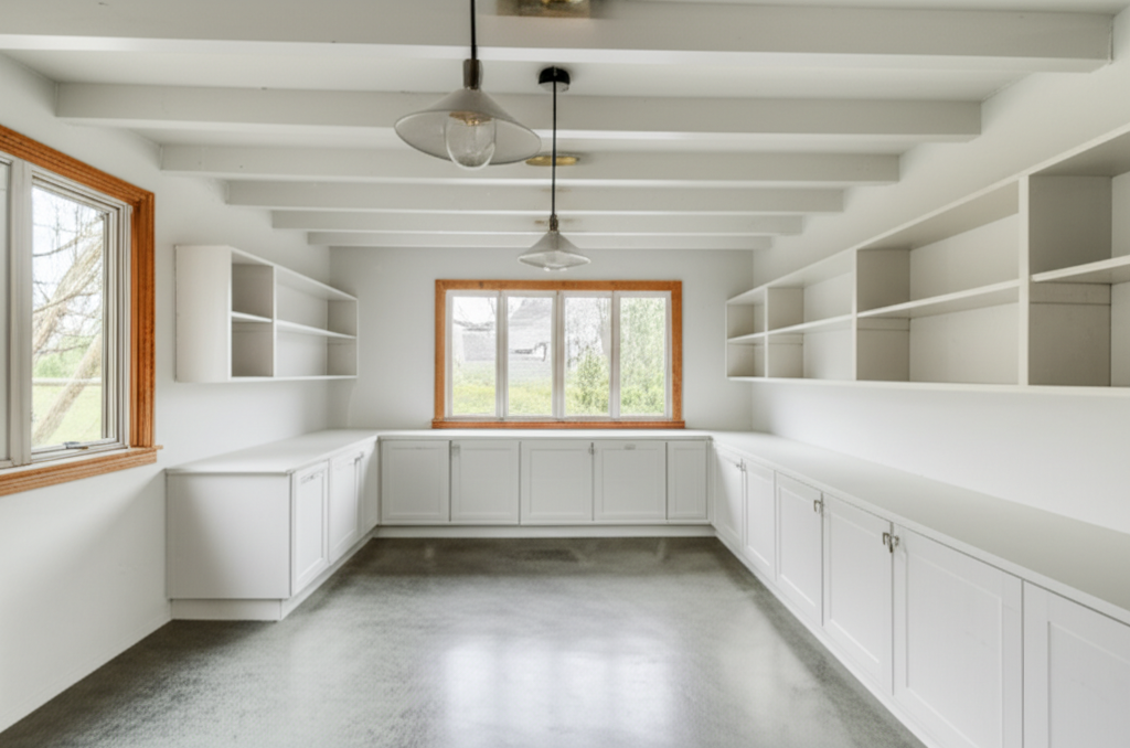 Converted garage home office interior with built-in shelving and modern finishes in Wellington