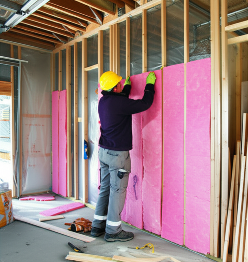 Builder installing insulation during garage conversion project in Wellington