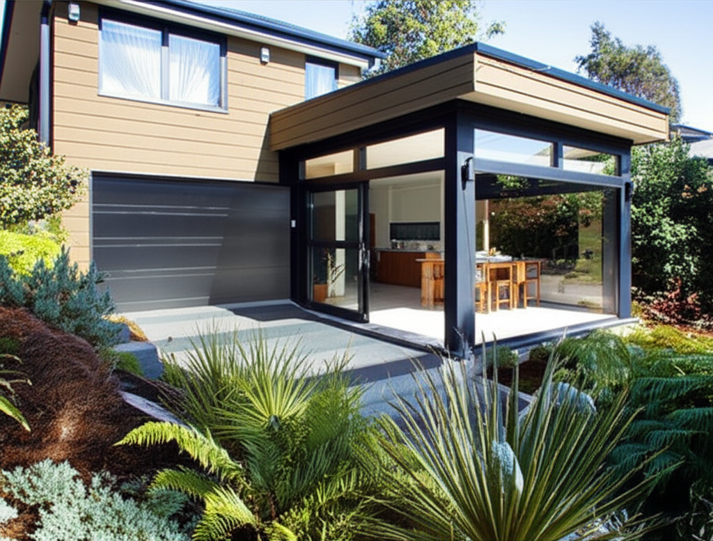 Modern garage conversion exterior view in Wellington home with contemporary windows and cladding