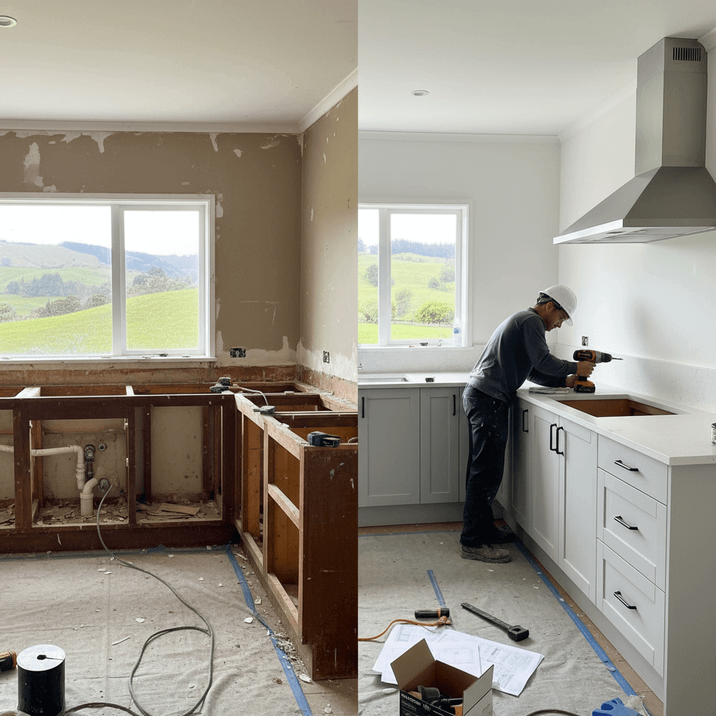 Kitchen renovation in progress showing new cabinetry installation in a Wellington home