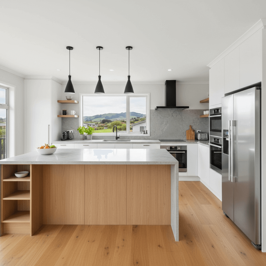 Modern renovated kitchen in a Wellington home with white cabinetry and stone benchtops