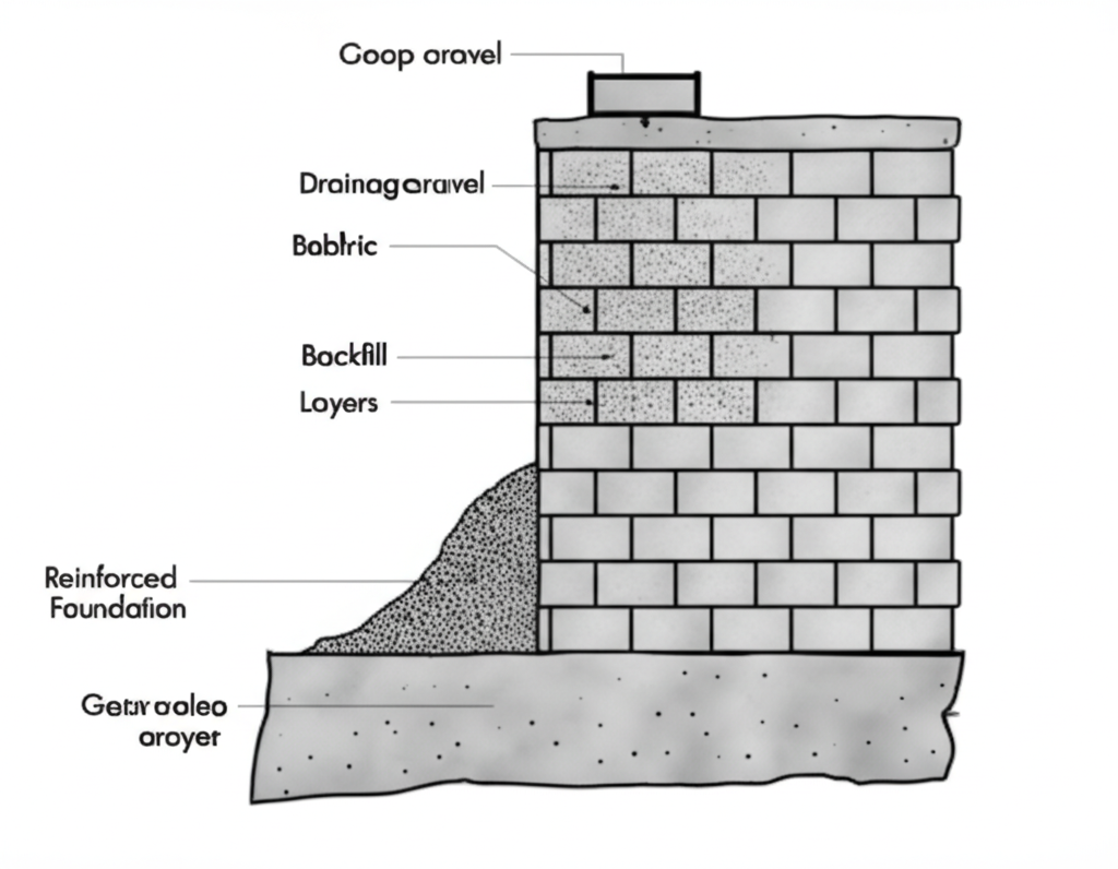 Retaining wall construction diagram showing drainage and foundation details