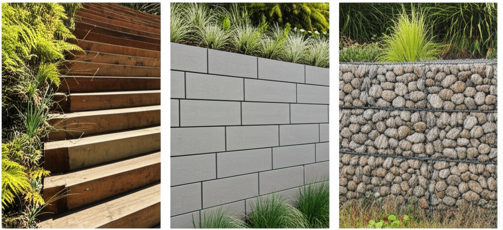 Different types of retaining walls - timber, concrete block and gabion options in Wellington