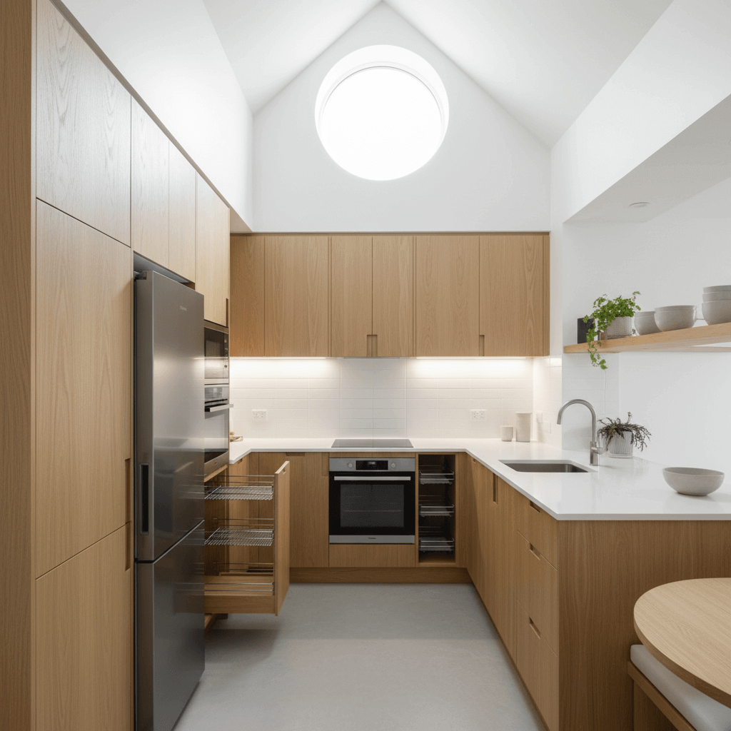 Small kitchen renovation in a Wellington villa with modern finishes and clever storage