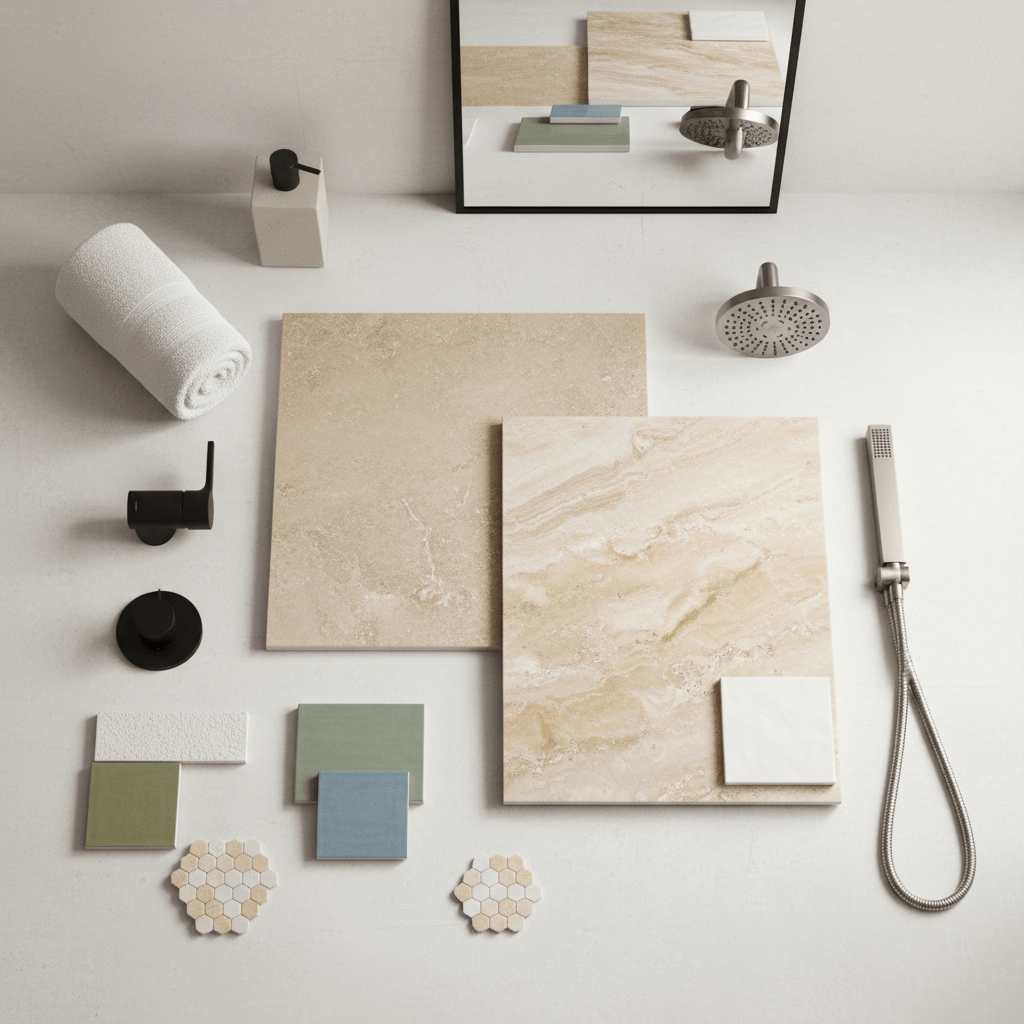 Modern bathroom renovation materials including porcelain tiles and matte tapware for 2026