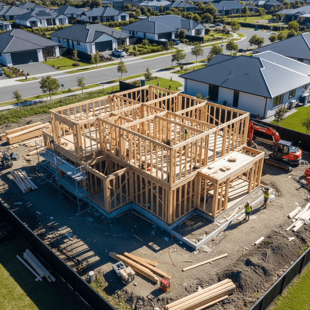 New house under construction in New Zealand showing timber framing