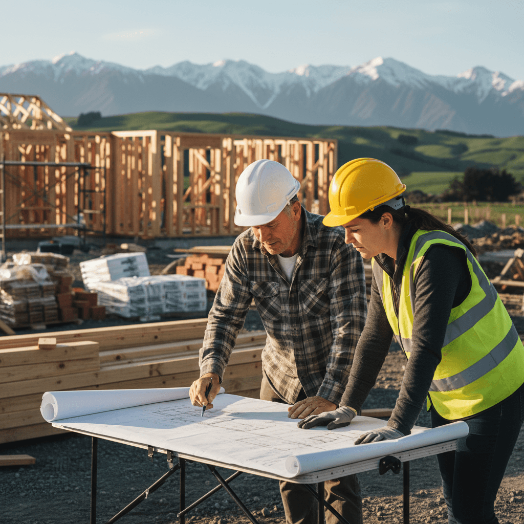 Builder and homeowner reviewing house plans on construction site