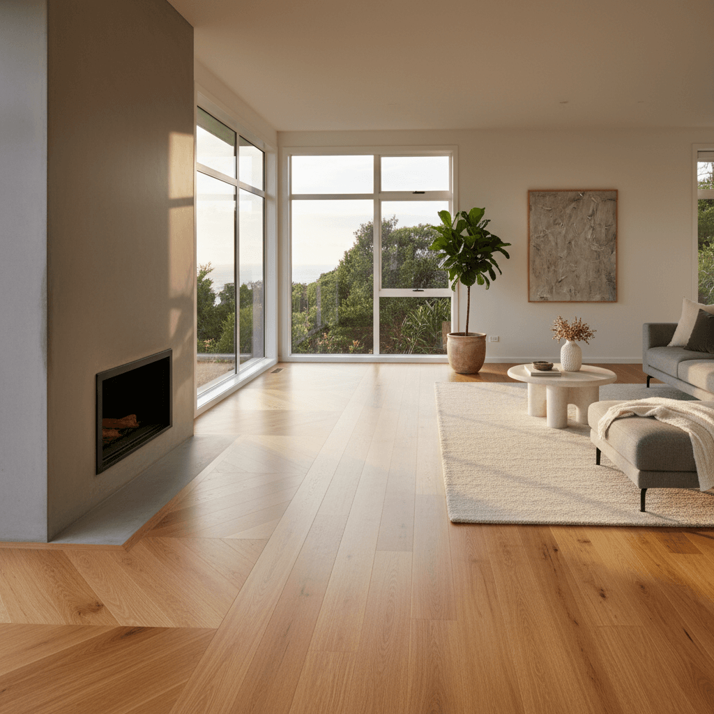 Wide plank engineered oak flooring in a renovated Wellington living room