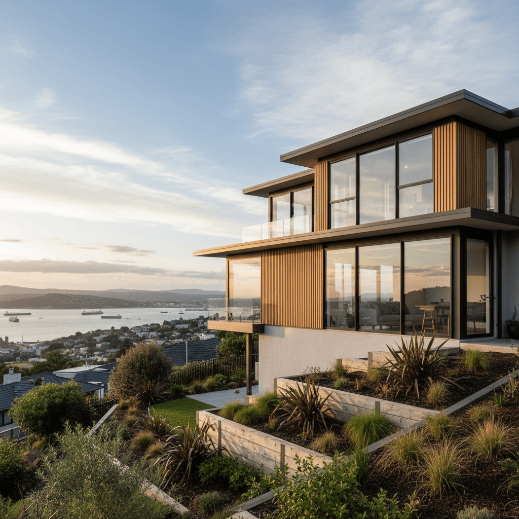 Modern new build home on Wellington hillside with harbour views