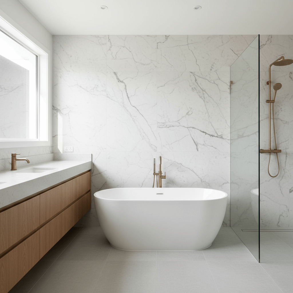 Premium bathroom renovation in Wellington featuring marble tiles and brushed brass tapware