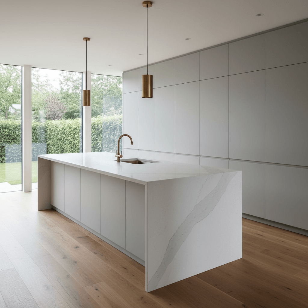 Premium kitchen renovation in Wellington with engineered stone benchtops and timber flooring