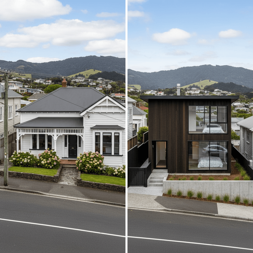 Renovated Wellington villa compared with modern new build home on hillside street