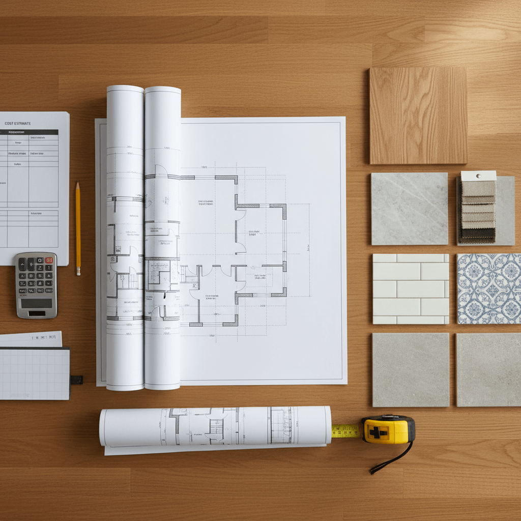 Renovation planning materials with floor plans and cost estimates on desk