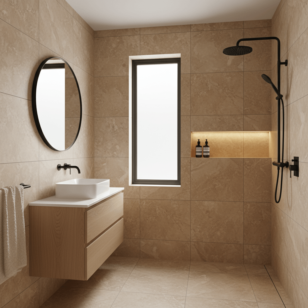 Modern small bathroom renovation in a Wellington villa with wall-hung vanity and warm beige tiles
