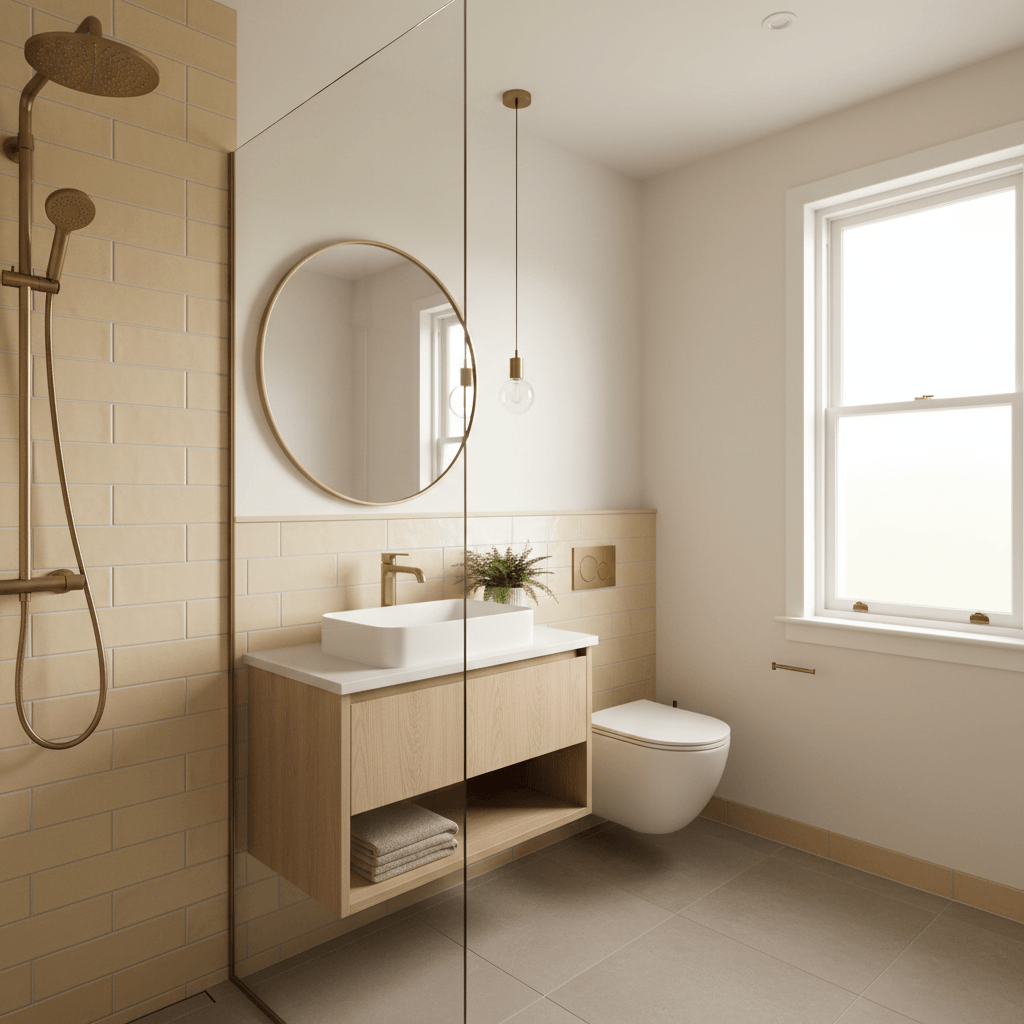 Renovated small bathroom in a Wellington character home with floating vanity and walk-in shower