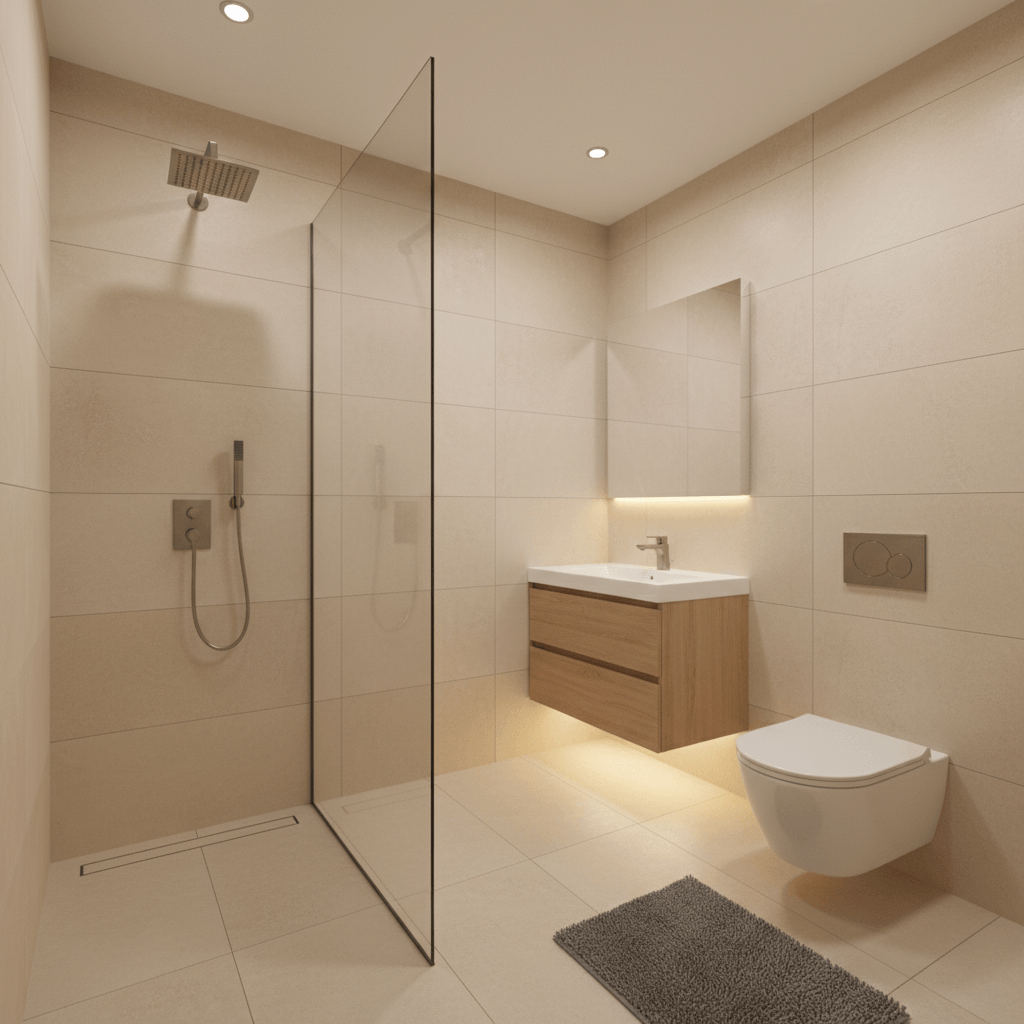 Small wet room bathroom conversion with glass panel shower and wall-hung toilet
