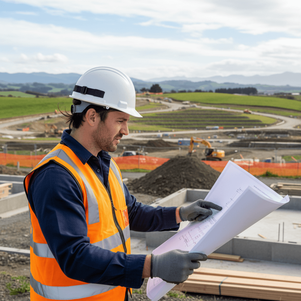 Professional builder reviewing plans at Plimmerton Farm building site