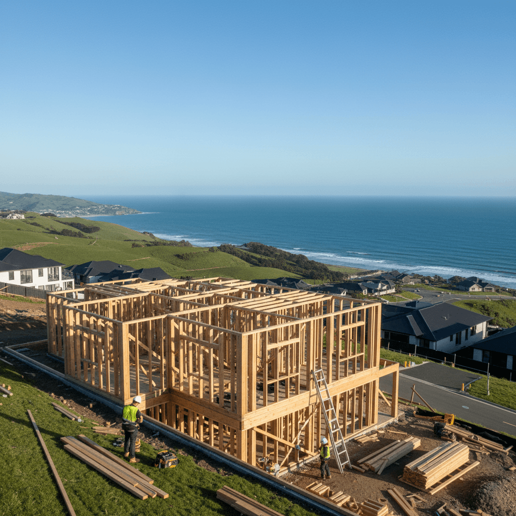 New home under construction on hillside section in Plimmerton Farm development