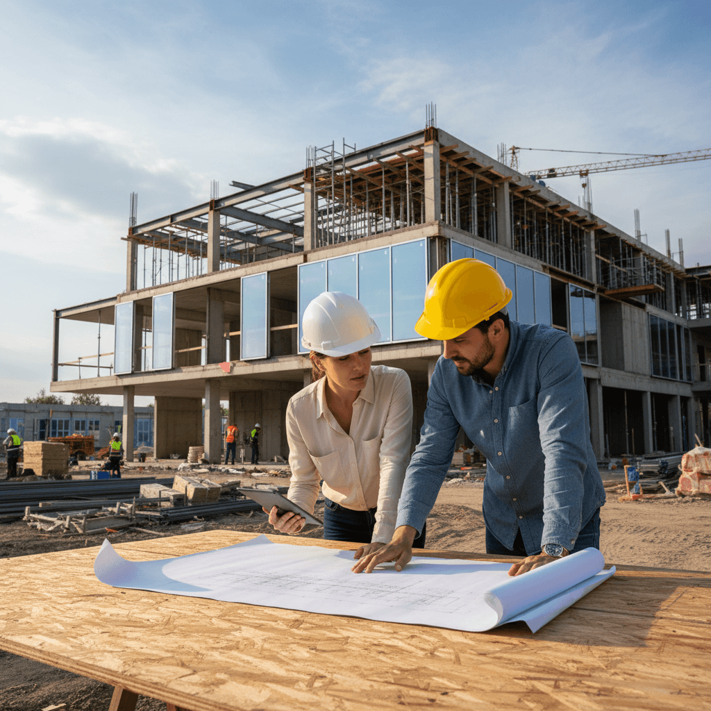 Architect and builder reviewing blueprints together at a Wellington construction site