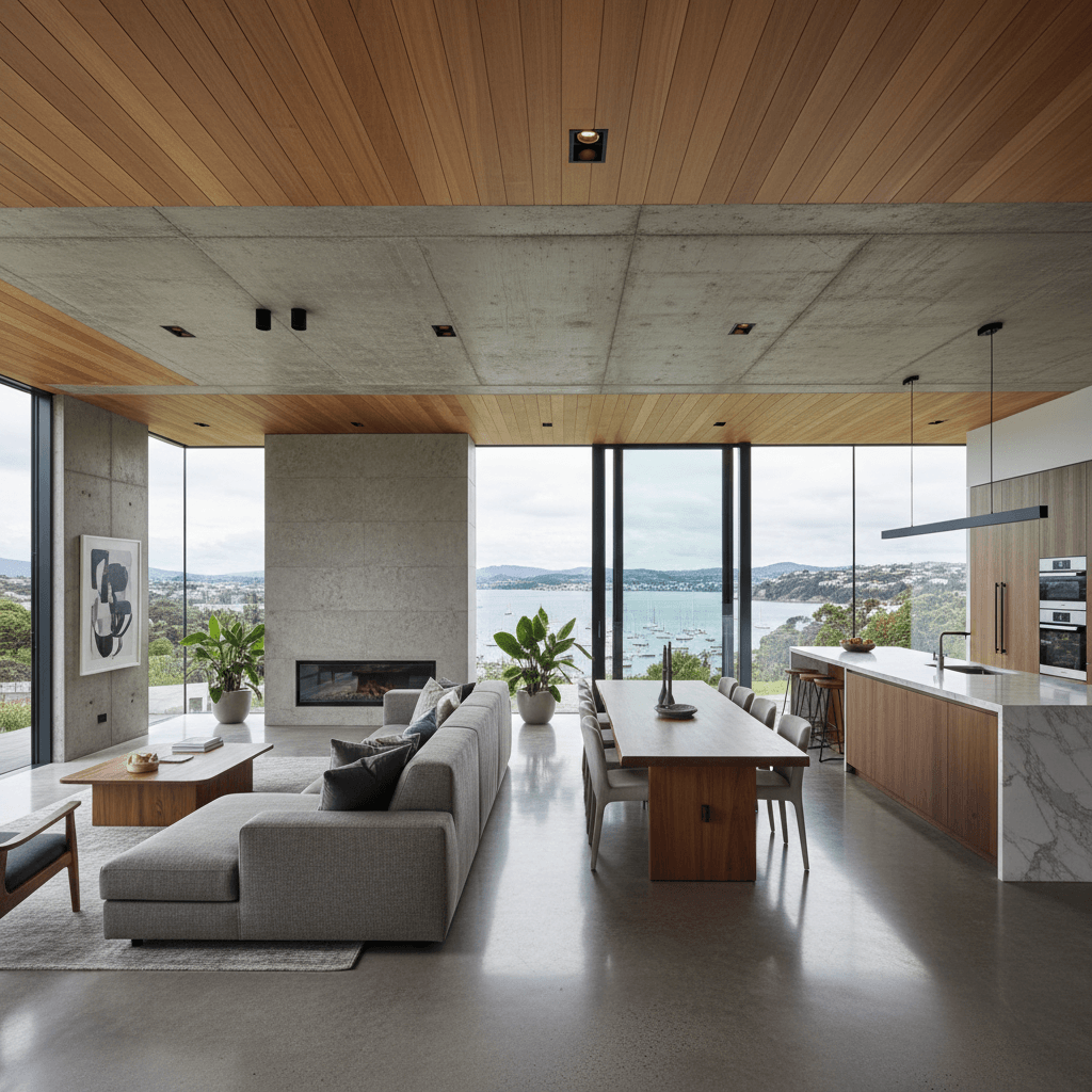 Luxurious modern home interior in Wellington with open plan living and premium finishes