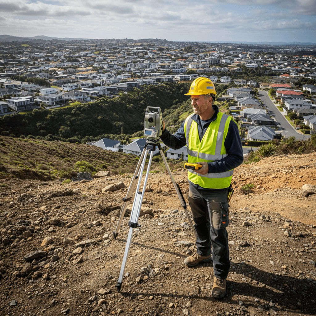 Builder assessing steep residential section in Wellington hillside suburb