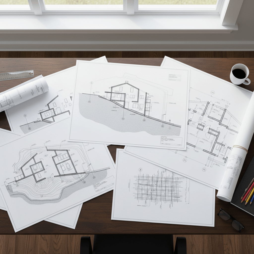 Building consent plans and engineering drawings for hillside construction Wellington