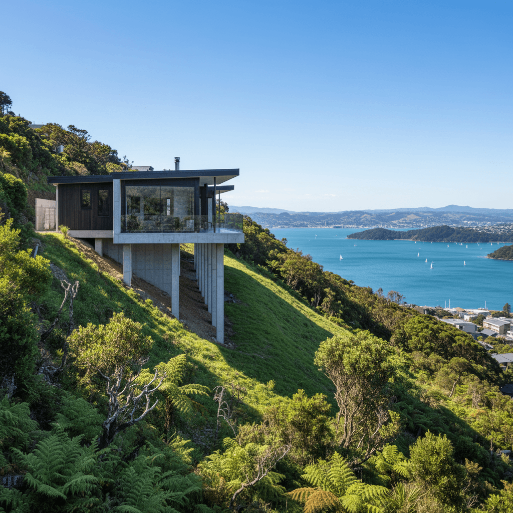 Modern home built on steep Wellington hillside with harbour views