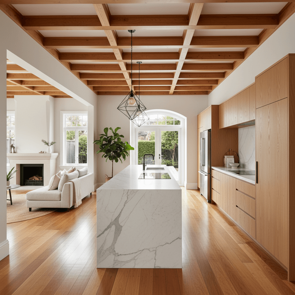 Open plan kitchen and living area inside a renovated Wellington character villa