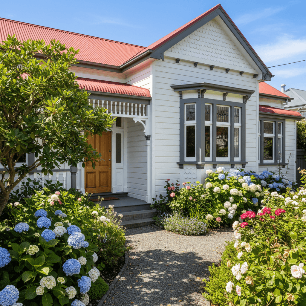 Restored character villa exterior with white weatherboard cladding in Wellington