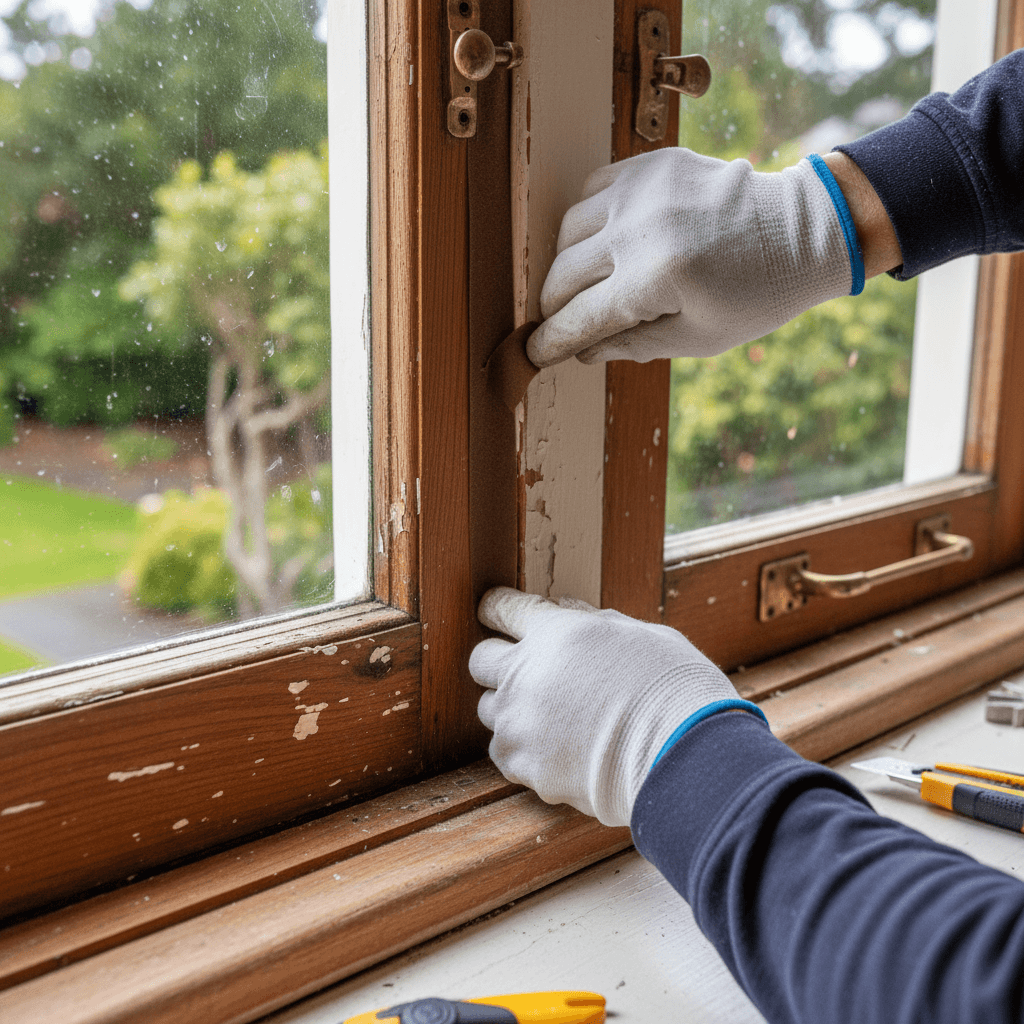 Tradesperson applying draught stopping weatherstrip to window frame in New Zealand villa