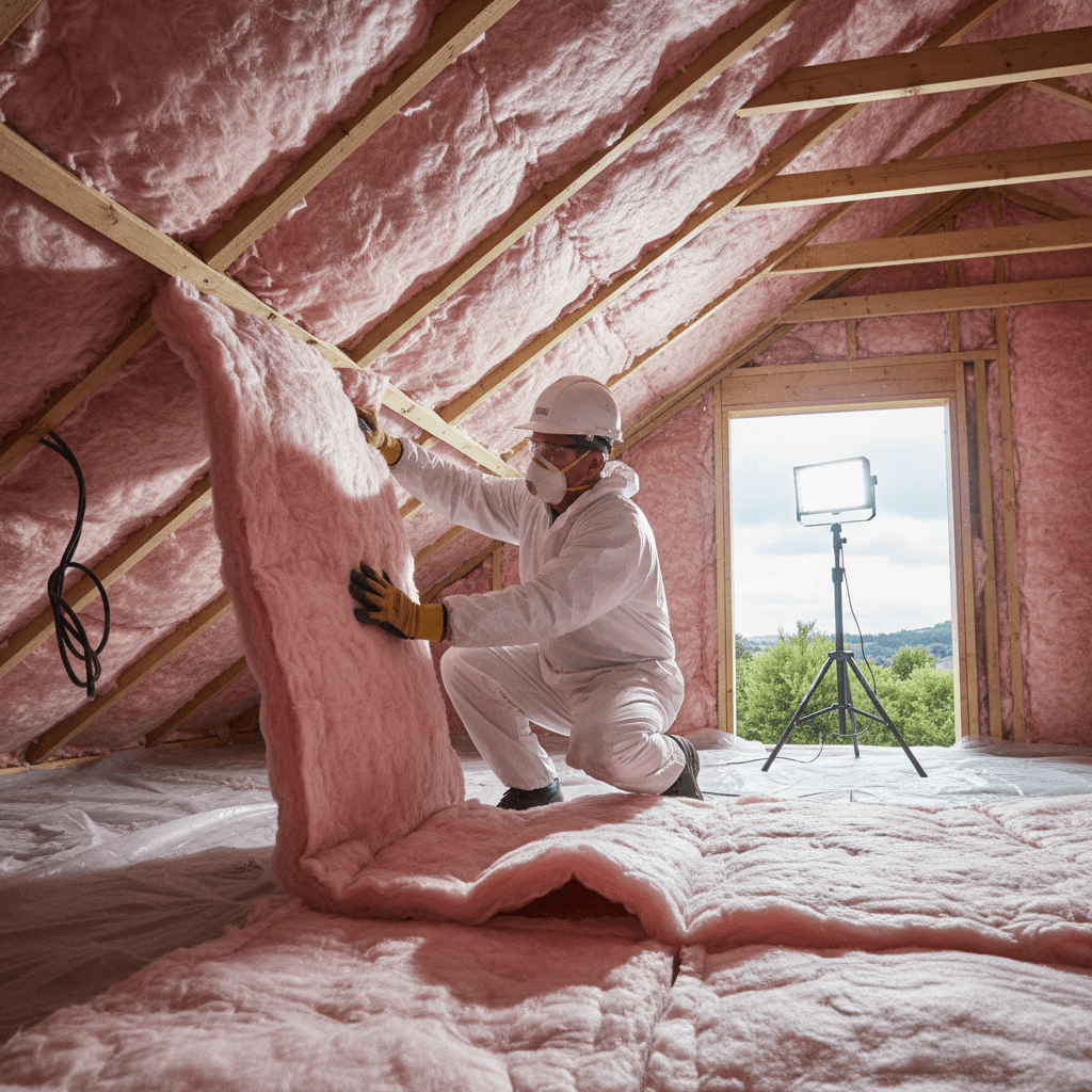 Builder installing ceiling insulation batts in a Wellington home for healthy homes compliance