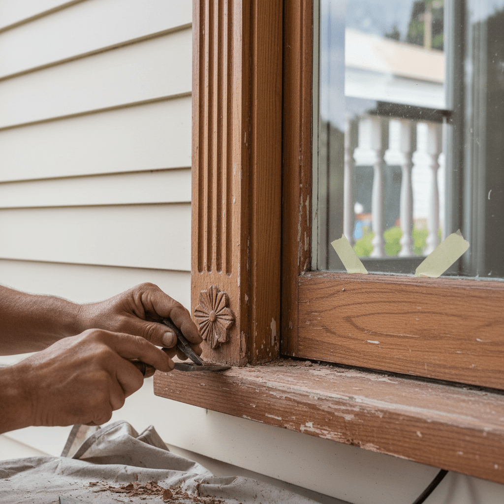 Heritage timber sash window being restored on a Wellington character home
