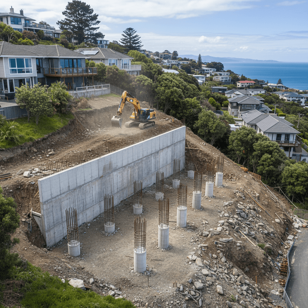 Concrete retaining wall and pile foundation construction on steep Wellington section