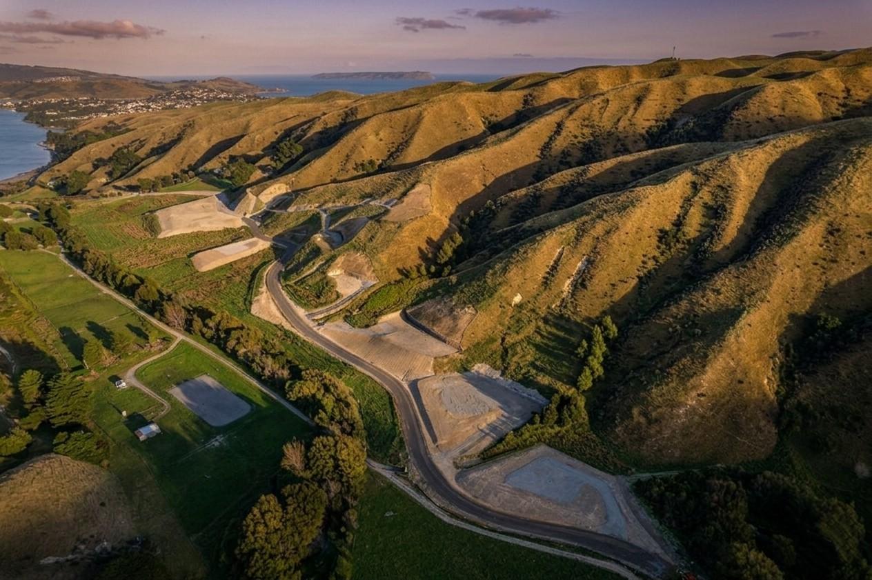 Aerial view of lifestyle building platforms at The Glen Pauatahanui overlooking the coast