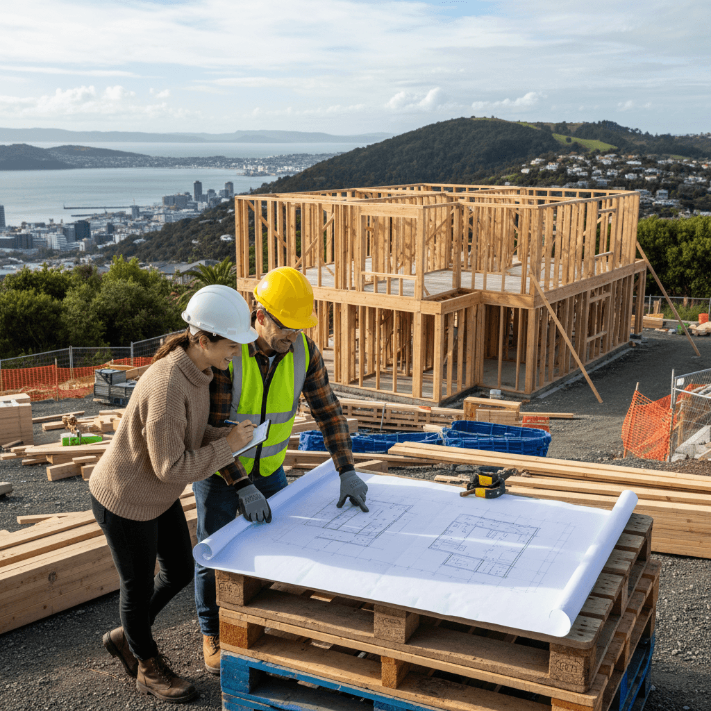 Wellington builder and homeowner reviewing building plans together at construction site