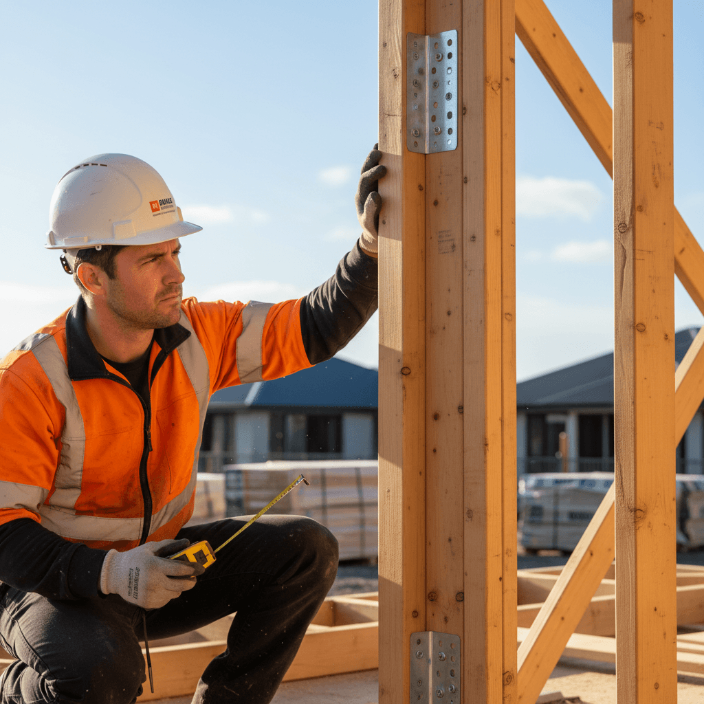 Licensed builder inspecting timber framing quality on Wellington residential construction site