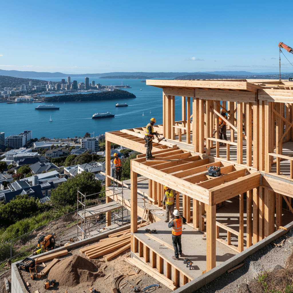 Modern Wellington home under construction on hillside with harbour views and builders on site