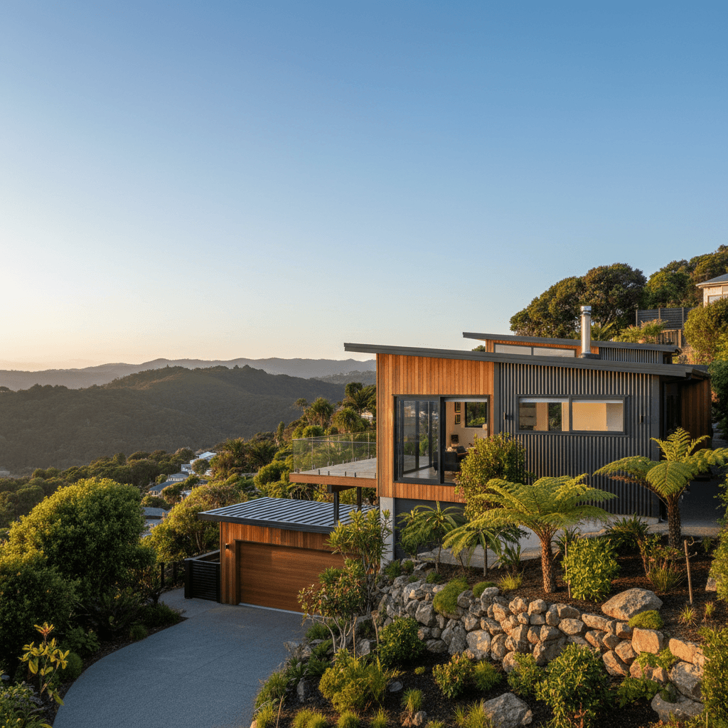 Completed modern home in Wellington hillside suburb with native bush landscaping