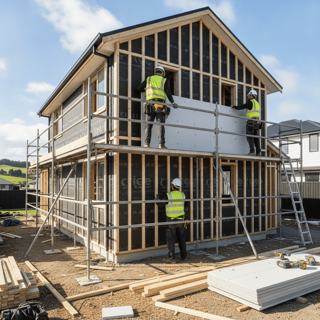 Professional builders installing new cladding system with cavity battens on NZ home