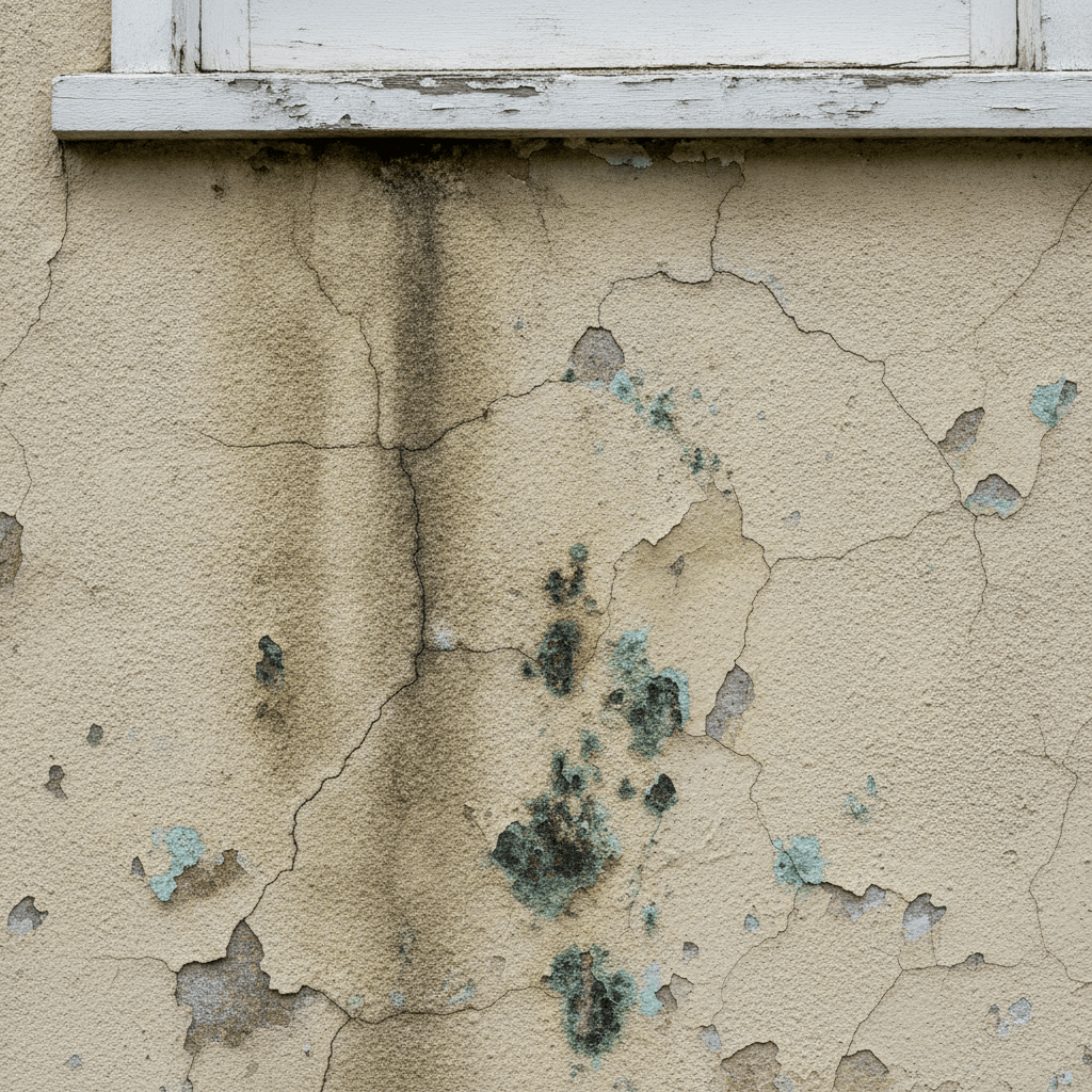 Close-up of cracked and deteriorating monolithic cladding showing moisture damage on NZ home