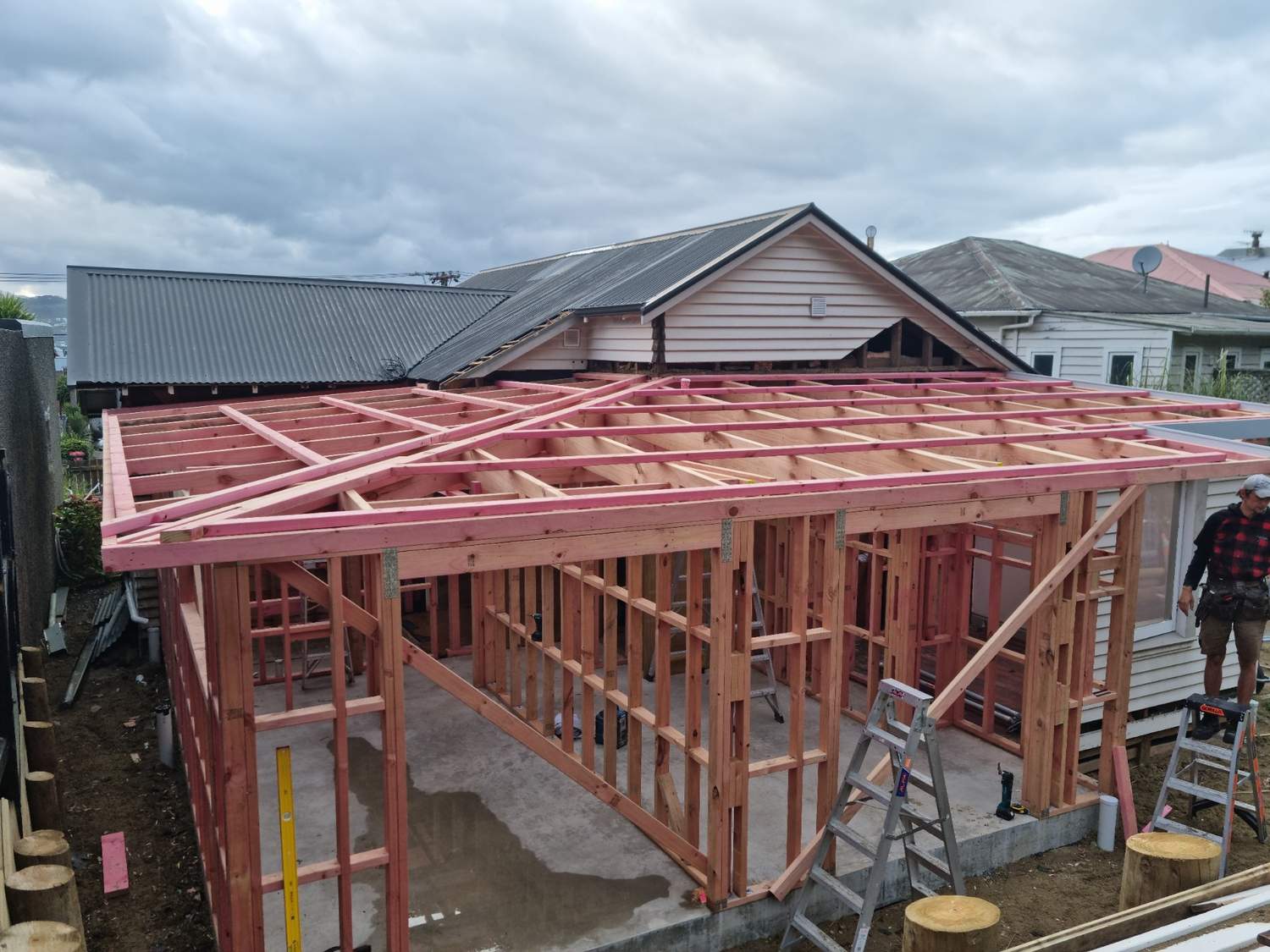 Second storey addition under construction in Wellington showing timber framing by Clearcut Building Solutions