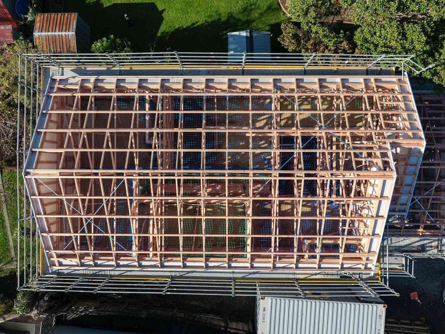 Aerial view of timber roof framing during a Clearcut new build in Wellington
