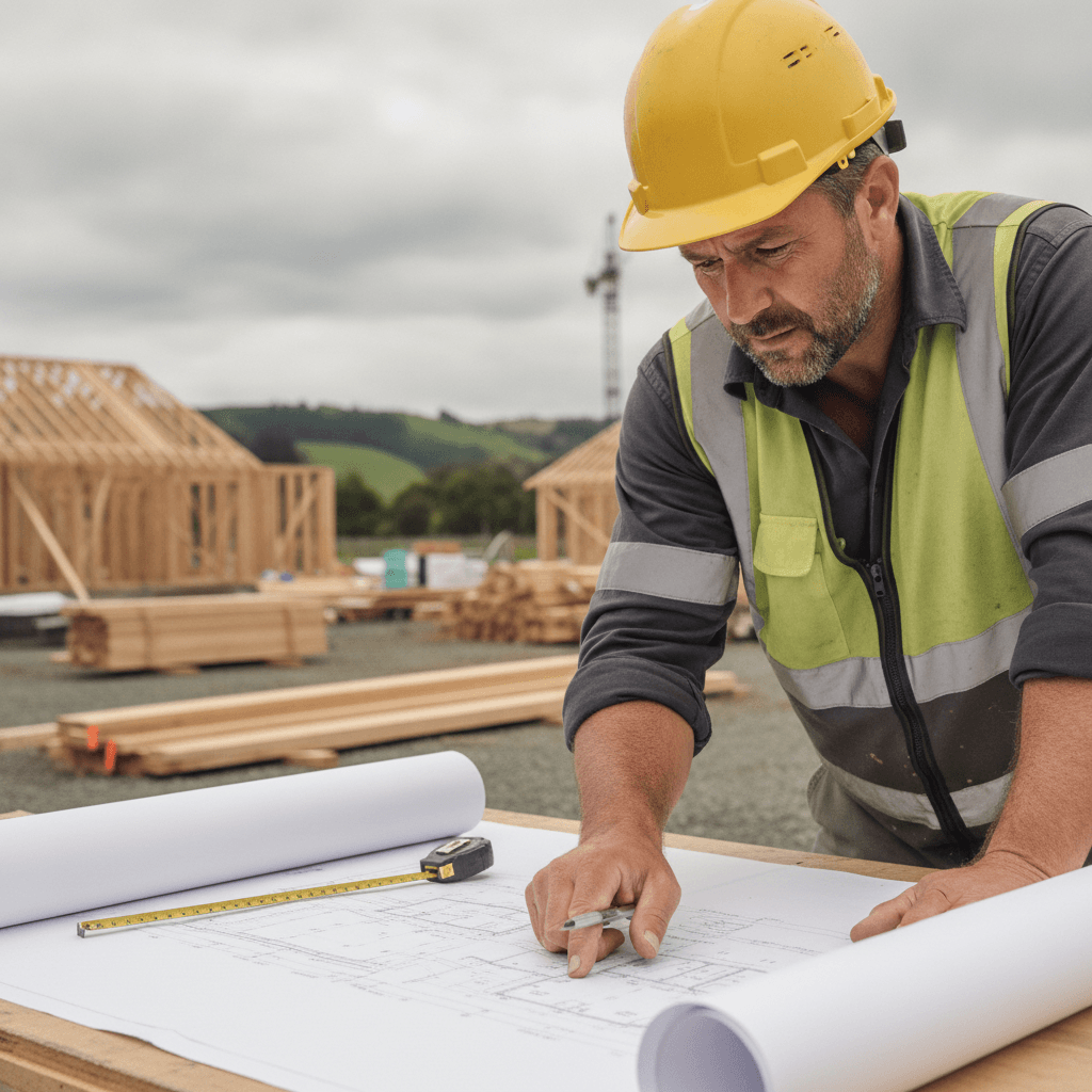 Builder reviewing minor dwelling architectural plans on site