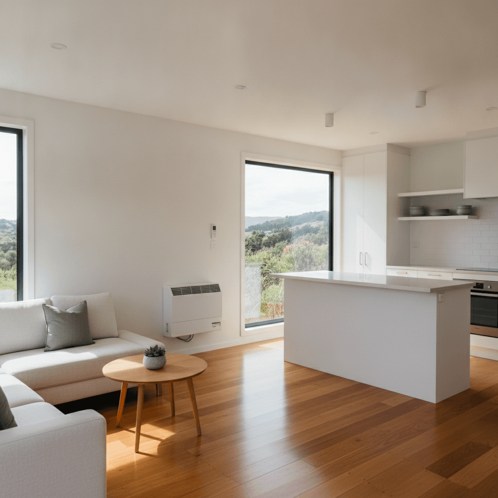 Interior of a rental-ready minor dwelling with open plan living area and heat pump