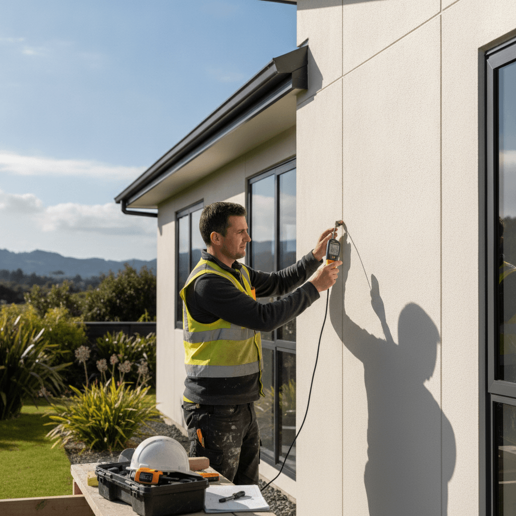 Professional builder inspecting Rockcote cladding with moisture meter in Wellington